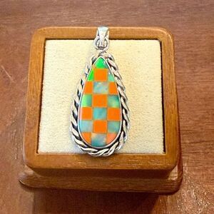 Stunning Aurora Opal Checkerboard Pendant 925 Sterling Silver Teardrop Framed